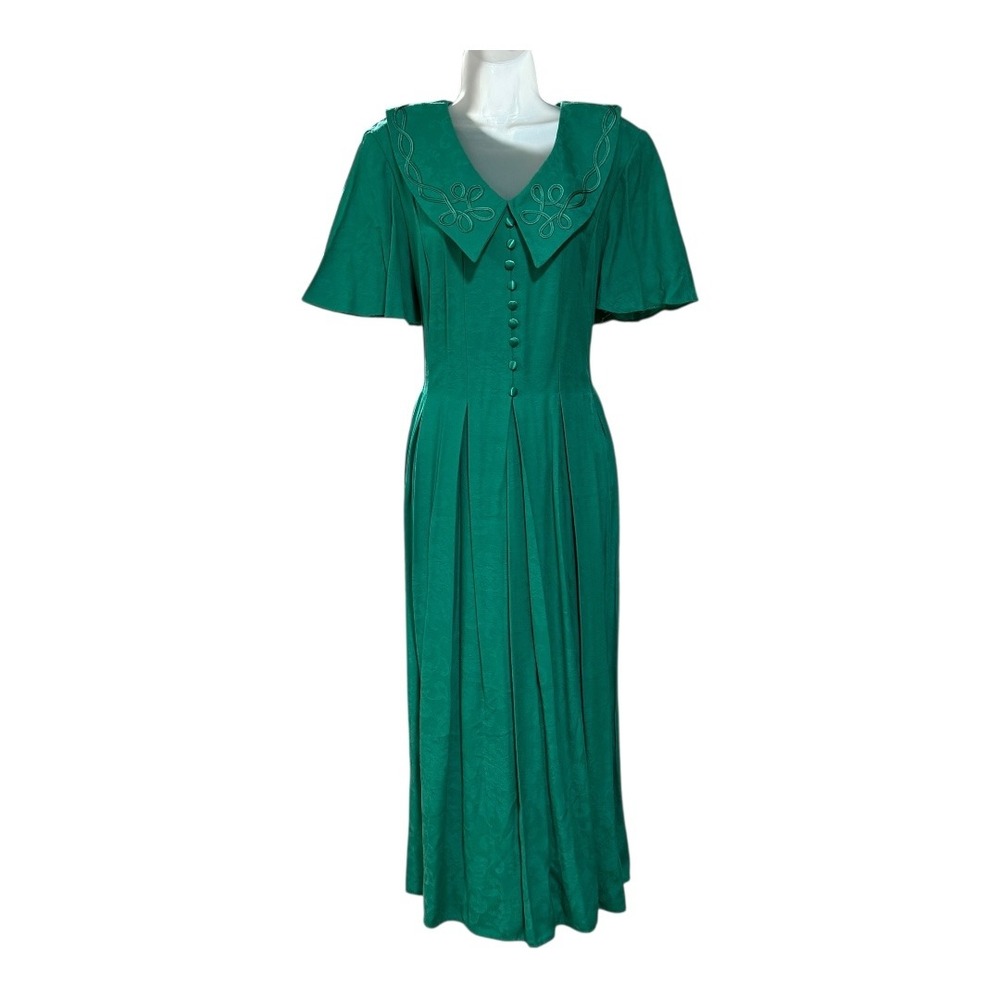 Lady Dorby Emerald Green Floral Jacquard Midi Dress Peter Pan‎ Collar Size 14W